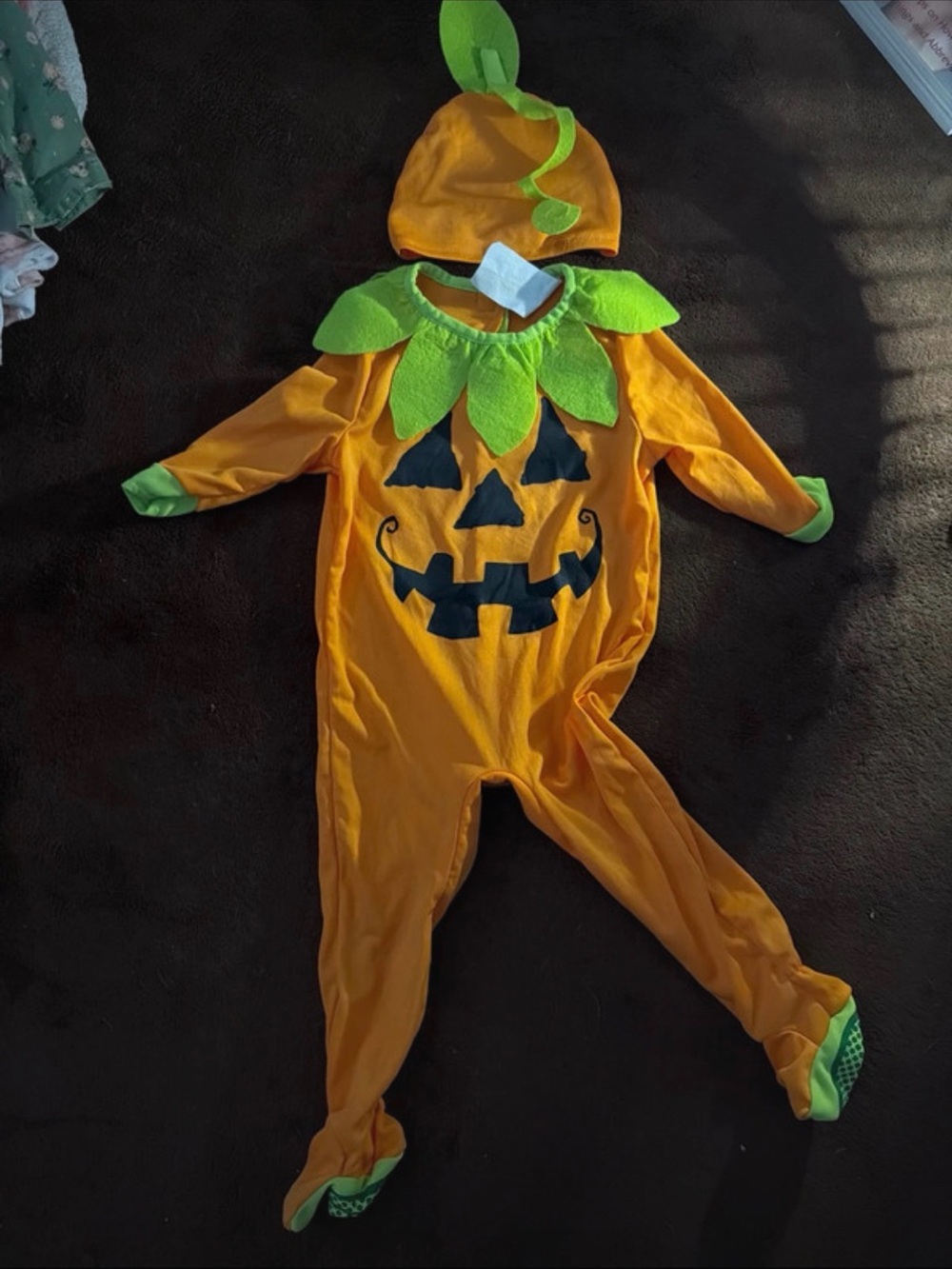 Kids Orange Pumpkin One-Piece Costume with Green Collar and Hat